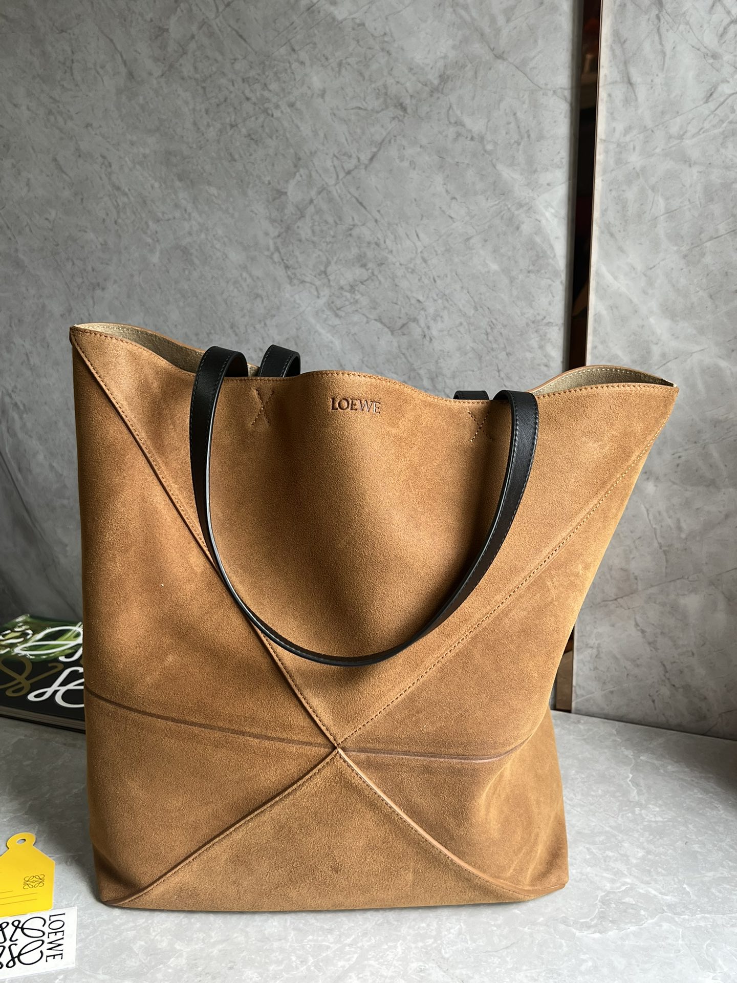 Loewe XL Puzzle Fold Tote in Suede Calfskin Brown